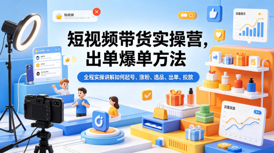 短视频带货实操营，出单爆单方法，全程实操讲解如何起号、涨粉、选品、出单、投放（更新0515）-易创网