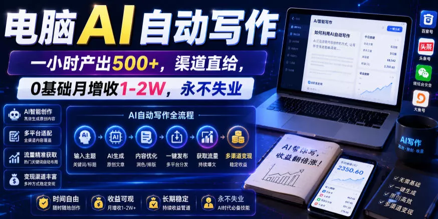 电脑AI自动写作，一小时产出500+，渠道直给，0基础月增收1-2W，永不失业【揭秘】-易创网