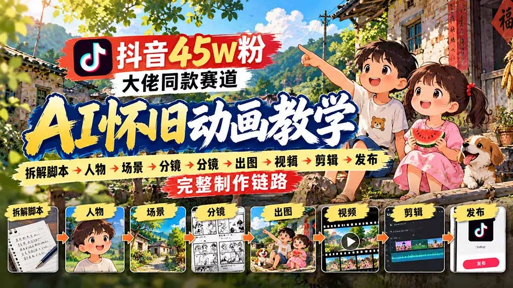 抖音45W粉大佬同款赛道AI怀旧动画教学：拆解脚本→人物→场景→分镜→出图→视频→剪辑→发布完整制作链路-易创网