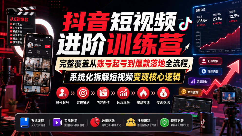 抖音短视频进阶训练营，完整覆盖从账号起号到爆款落地全流程，系统化拆解短视频变现核心逻辑-易创网