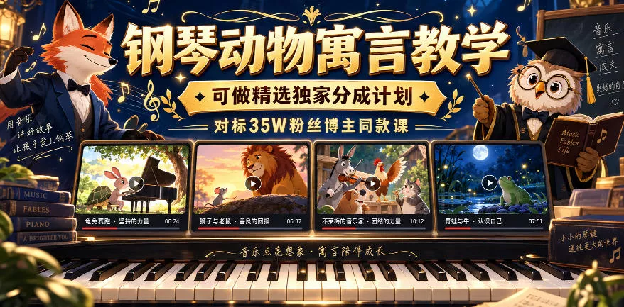 钢琴动物寓言教学，可做精选独家分成计划，对标35W粉丝博主同款课-易创网