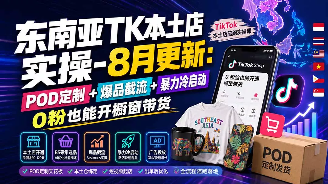 东南亚TK本土店实操-8月更新：POD定制+爆品截流+暴力冷启动，0粉也能开橱窗带货-易创网