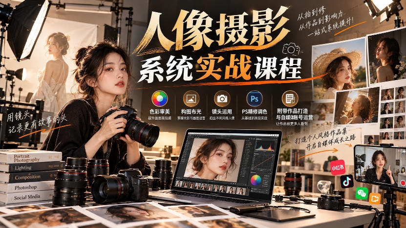 【无水印】人像摄影系统实战课程，色彩审美、构图布光、镜头运用、PS精修调色，附带作品打造与自媒体账号运营-易创网