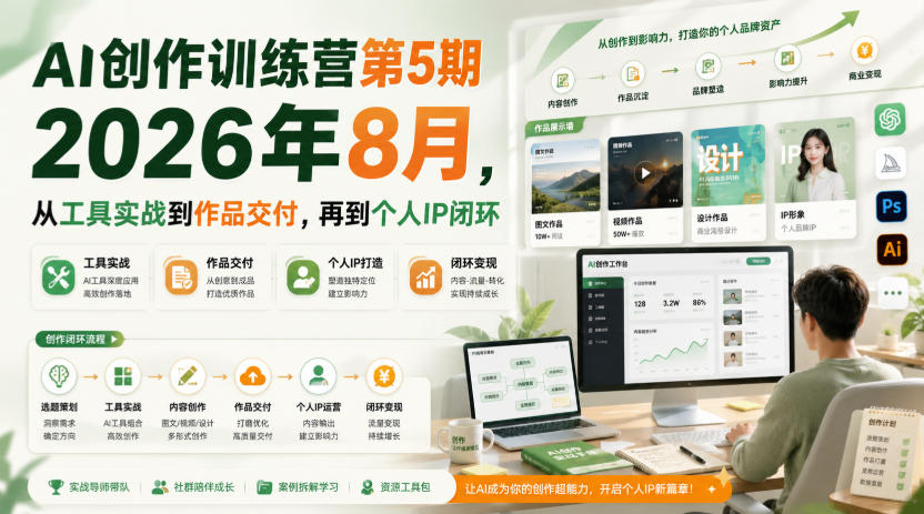 AI创作训练营第5期2026年8月，从工具实战到作品交付，再到个人IP闭环-易创网