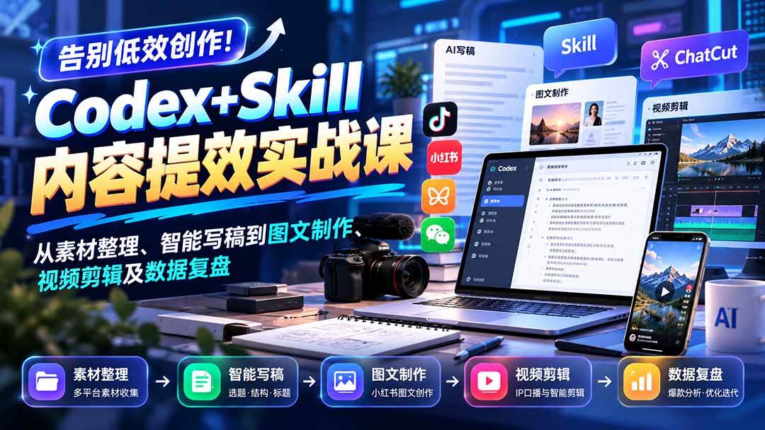 （20915期）【无水印】告别低效创作！Codex+Skill内容提效实战课：从素材整理、智能写稿到图文制作、视频剪辑及数据复盘-易创网