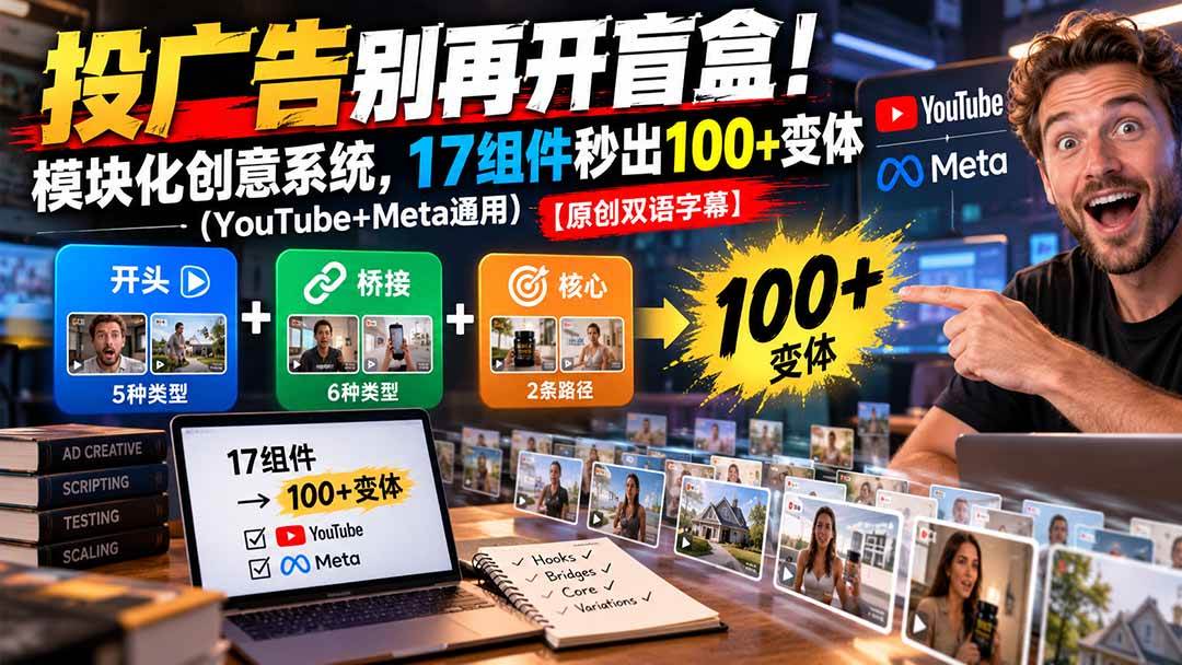 （20840期）投广告别再开盲盒！模块化创意系统，17组件秒出100+变体（YouTube+Meta通用）【原创双语字幕】-易创网