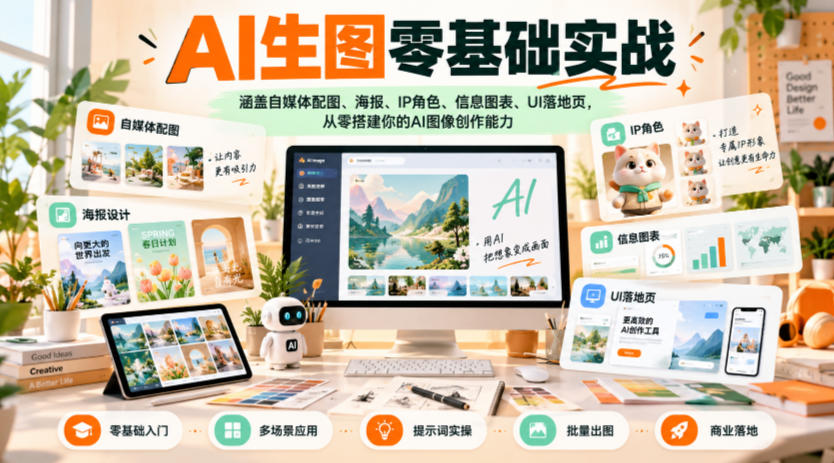 AI生图零基础实战，涵盖自媒体配图、海报、IP角色、信息图表、UI落地页，从零搭建你的AI图像创作能力-易创网
