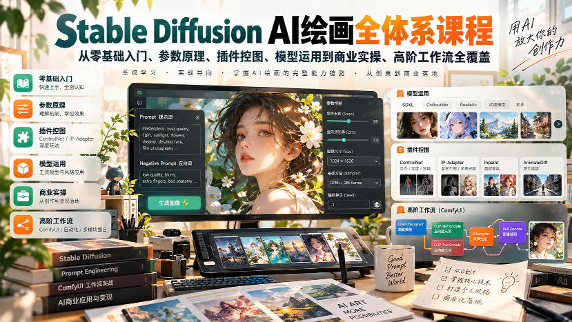 【无水印】Stable Diffusion AI绘画全体系课程，从零基础入门、参数原理、插件控图、模型运用到商业实操、高阶工作流全覆盖-易创网