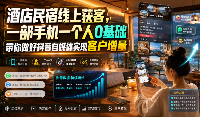 酒店民宿线上获客，一部手机一个人0基础带你做好抖音自媒体实现客户增量-易创网