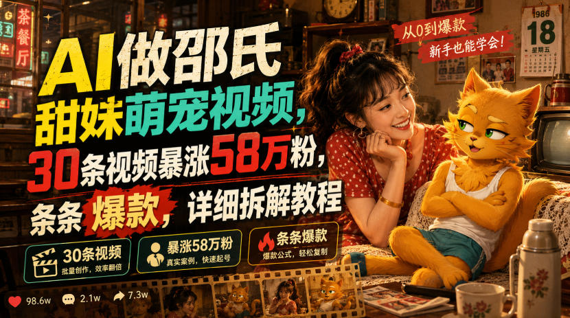 AI做邵氏甜妹萌宠视频，30条视频暴涨58万粉，条条爆款，详细拆解教程-易创网