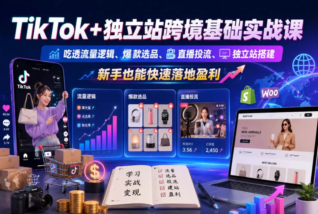 TikTok+独立站跨境基础实战课，吃透流量逻辑、爆款选品、直播投流与独立站搭建，新手也能快速落地盈利-易创网