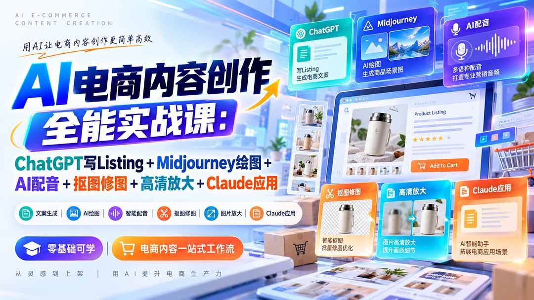 （20770期）【无水印】AI电商内容创作全能实战课：ChatGPT写Listing+Midjourney绘图+AI配音+抠图修图+高清放大+Claude应用-易创网
